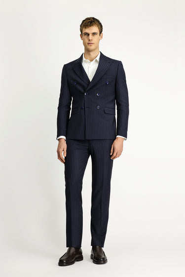  Koyu Lacivert Slim Fit Dar Kesim Çizgili Yünlü Beli Lastikli Kruvaze Takım Elbise