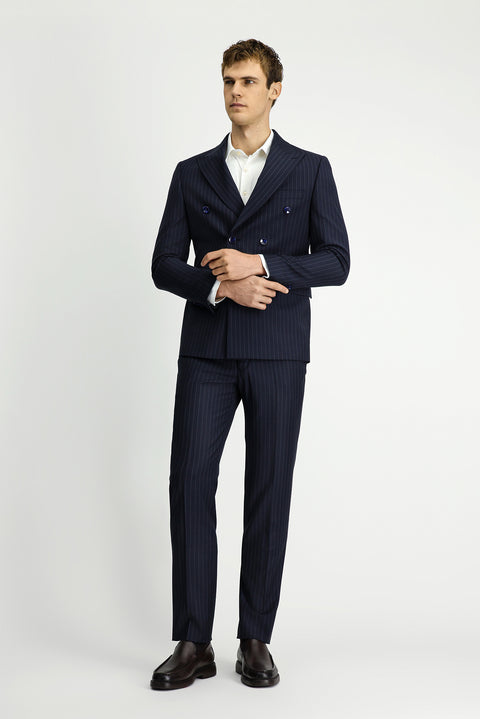 Koyu Lacivert 7 Drop Slim Fit Dar Kesim Çizgili Yünlü Beli Lastikli Kruvaze Takım Elbise