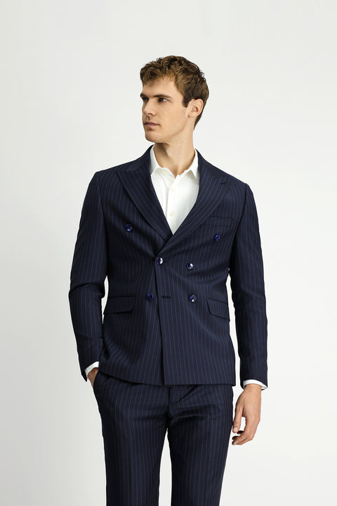 Koyu Lacivert 7 Drop Slim Fit Dar Kesim Çizgili Yünlü Beli Lastikli Kruvaze Takım Elbise