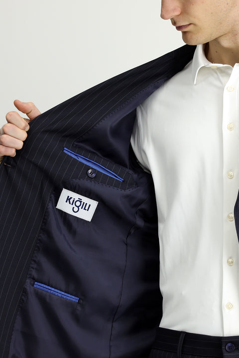 Koyu Lacivert 7 Drop Slim Fit Dar Kesim Çizgili Yünlü Beli Lastikli Kruvaze Takım Elbise