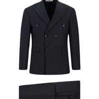 Koyu Lacivert Slim Fit Dar Kesim Çizgili Yünlü Beli Lastikli Kruvaze Takım Elbise