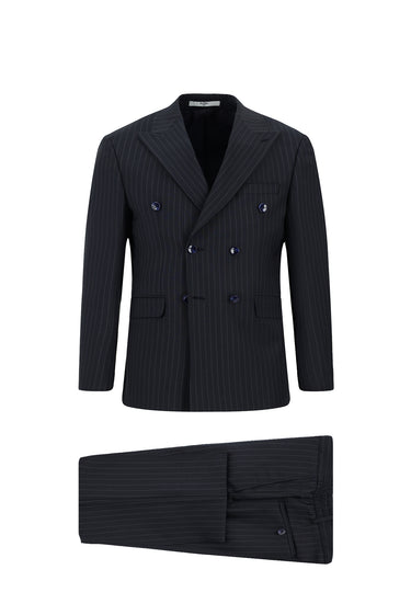  Koyu Lacivert Slim Fit Dar Kesim Çizgili Yünlü Beli Lastikli Kruvaze Takım Elbise