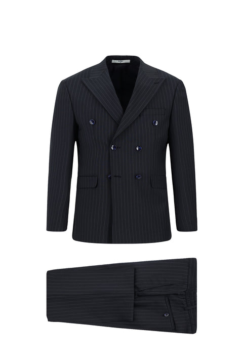 Koyu Lacivert 7 Drop Slim Fit Dar Kesim Çizgili Yünlü Beli Lastikli Kruvaze Takım Elbise