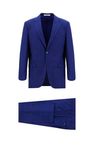  Saks Mavi Slim Fit Dar Kesim Klasik Ekose Takım Elbise