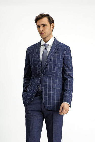 Koyu Lacivert Slim Fit Dar Kesim Kareli Kombinli Takım Elbise