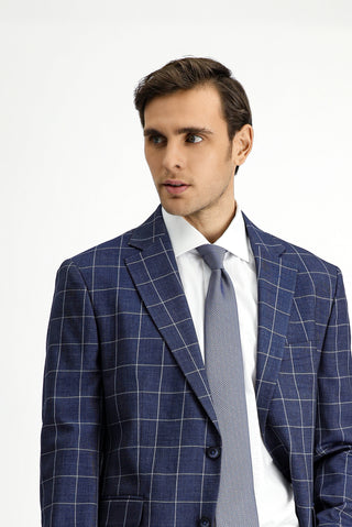  Koyu Lacivert Slim Fit Dar Kesim Kareli Kombinli Takım Elbise