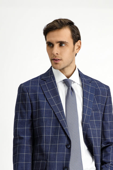 Koyu Lacivert 7 Drop Slim Fit Dar Kesim Kareli Kombinli Takım Elbise