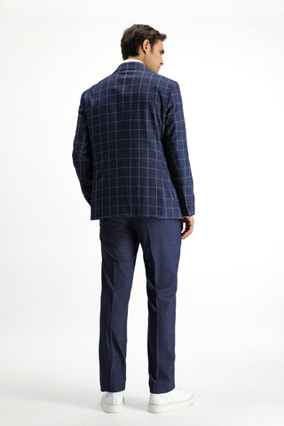  Koyu Lacivert Slim Fit Dar Kesim Kareli Kombinli Takım Elbise