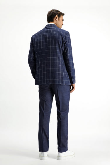  Koyu Lacivert Slim Fit Dar Kesim Kareli Kombinli Takım Elbise