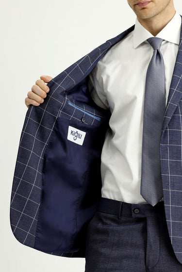 Koyu Lacivert Slim Fit Dar Kesim Kareli Kombinli Takım Elbise