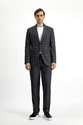  Koyu Antrasit Slim Fit Dar Kesim Kareli Kombinli Takım Elbise