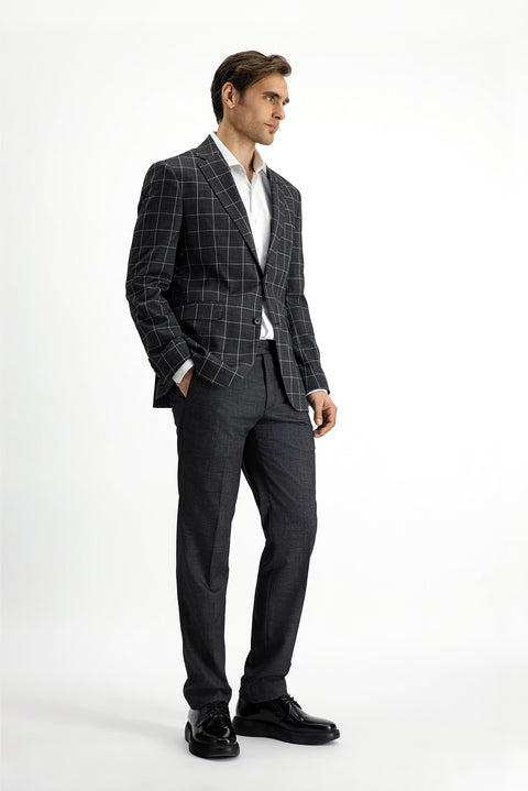 Koyu Antrasit 7 Drop Slim Fit Dar Kesim Kareli Kombinli Takım Elbise