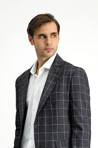  Koyu Antrasit Slim Fit Dar Kesim Kareli Kombinli Takım Elbise
