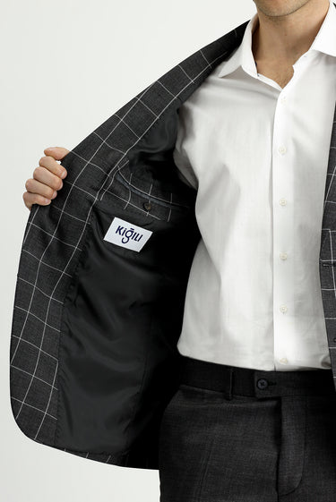 Koyu Antrasit Slim Fit Dar Kesim Kareli Kombinli Takım Elbise