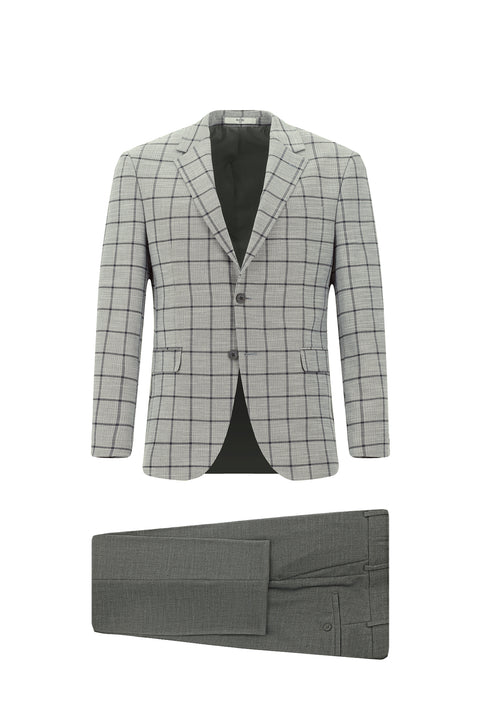 Orta Füme 7 Drop Slim Fit Dar Kesim Kareli Kombinli Takım Elbise