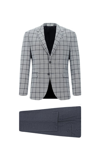  Orta Lacivert Slim Fit Dar Kesim Kareli Kombinli Takım Elbise