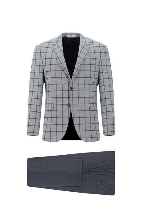 Orta Lacivert 7 Drop Slim Fit Dar Kesim Kareli Kombinli Takım Elbise