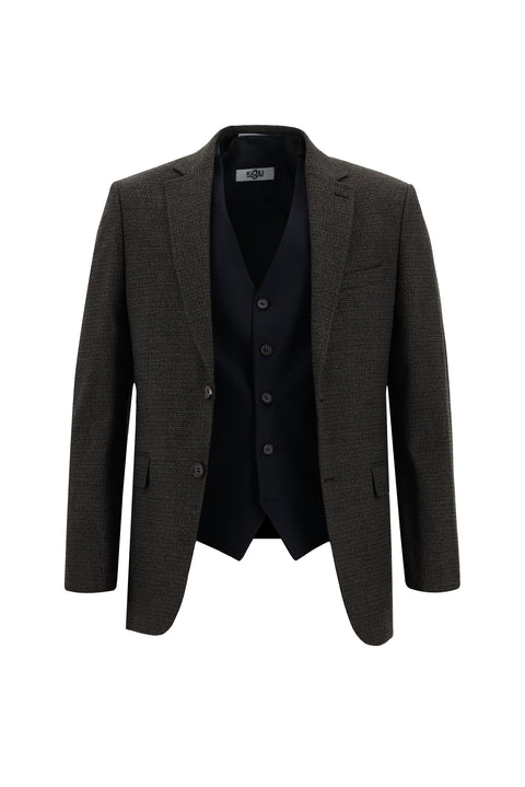 Koyu Kahve 7 Drop Slim Fit Dar Kesim Kombinli Yelekli Takım Elbise