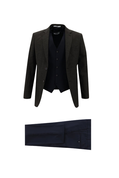 Koyu Kahve 7 Drop Slim Fit Dar Kesim Kombinli Yelekli Takım Elbise