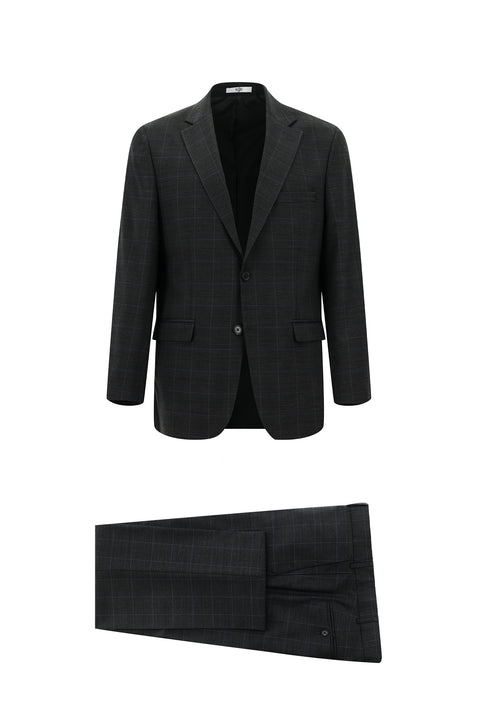 Koyu Antrasit 6 Drop Regular Fit Standart Kesim Yünlü Kareli Takım Elbise