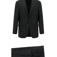 Koyu Antrasit Relaxed Fit Rahat Kesim Yünlü Kareli Takım Elbise