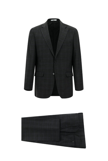 Koyu Antrasit Relaxed Fit Rahat Kesim Yünlü Kareli Takım Elbise