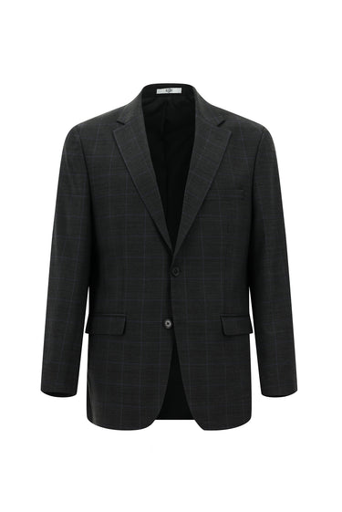 Koyu Antrasit Relaxed Fit Rahat Kesim Yünlü Kareli Takım Elbise