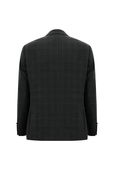 Koyu Antrasit Relaxed Fit Rahat Kesim Yünlü Kareli Takım Elbise