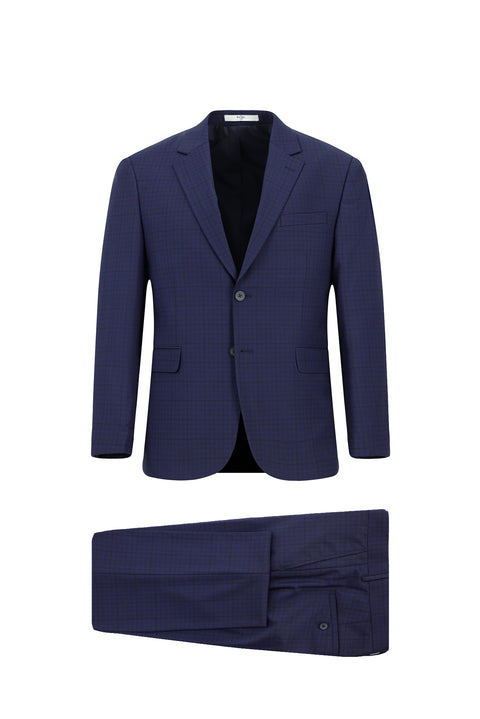 Koyu Lacivert 4 Drop Relaxed Fit Rahat Kesim Kareli Yünlü Takım Elbise