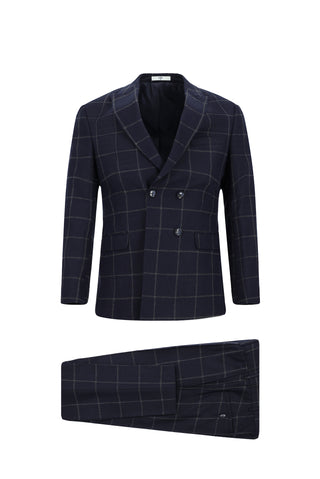  Koyu Lacivert Super Slim Fit Ekstra Dar Kesim Kareli Yünlü Kruvaze Takım Elbise