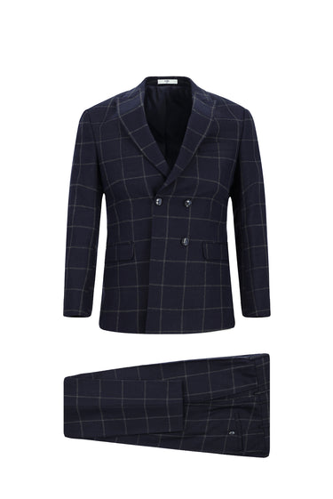  Koyu Lacivert Super Slim Fit Ekstra Dar Kesim Kareli Yünlü Kruvaze Takım Elbise