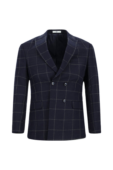  Koyu Lacivert Super Slim Fit Ekstra Dar Kesim Kareli Yünlü Kruvaze Takım Elbise