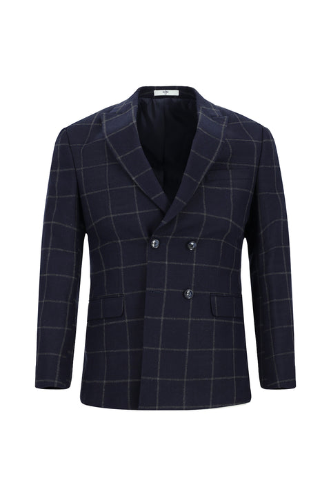 Koyu Lacivert 7 Drop Super Slim Fit Eksra Dar Kesim Kareli Yünlü Kruvaze Takım Elbise