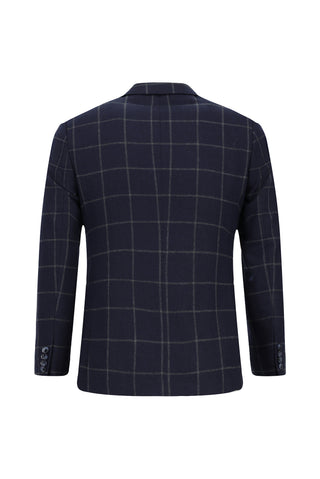  Koyu Lacivert Super Slim Fit Ekstra Dar Kesim Kareli Yünlü Kruvaze Takım Elbise