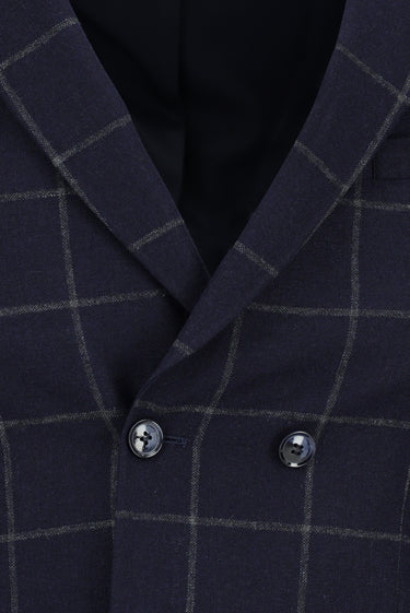  Koyu Lacivert Super Slim Fit Ekstra Dar Kesim Kareli Yünlü Kruvaze Takım Elbise