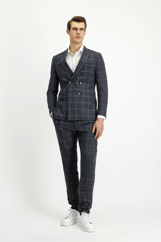  Orta Antrasit Super Slim Fit Ekstra Dar Kesim Kareli Yünlü Kruvaze Takım Elbise