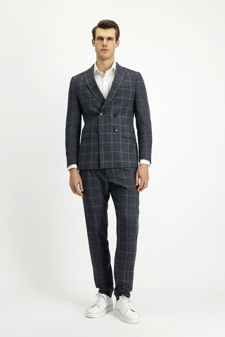  Orta Antrasit Super Slim Fit Ekstra Dar Kesim Kareli Yünlü Kruvaze Takım Elbise