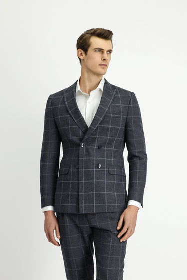  Orta Antrasit Super Slim Fit Ekstra Dar Kesim Kareli Yünlü Kruvaze Takım Elbise