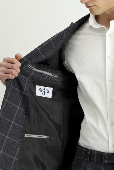 Orta Antrasit Super Slim Fit Ekstra Dar Kesim Kareli Yünlü Kruvaze Takım Elbise