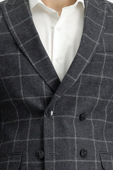 Orta Antrasit Super Slim Fit Ekstra Dar Kesim Kareli Yünlü Kruvaze Takım Elbise