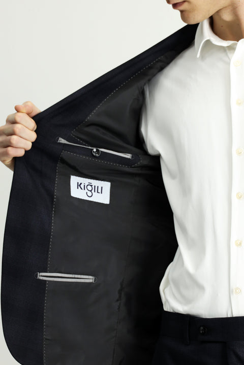 Siyah 7 Drop Slim Fit Dar Kesim Ekose Takım Elbise