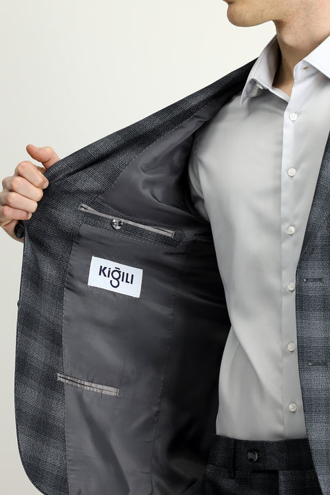 Orta Füme 7 Drop Slim Fit Dar Kesim Ekose Takım Elbise