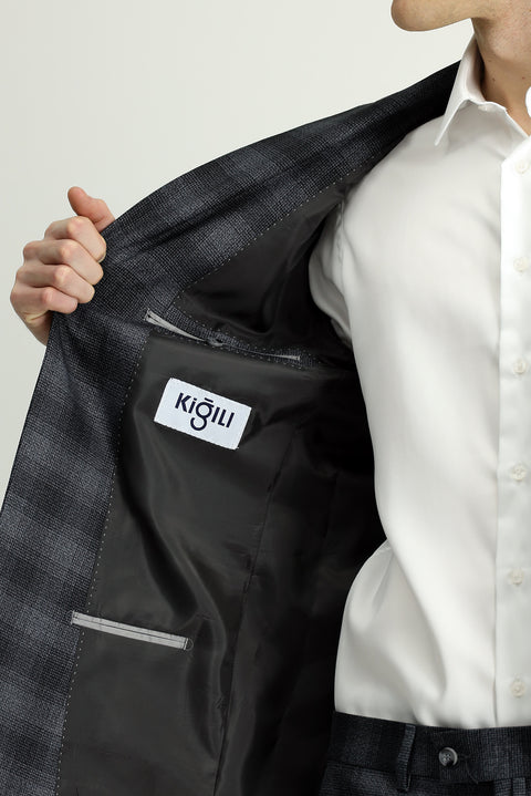 Dark Gray 4-Drop Relaxed Fit Plaid Suit