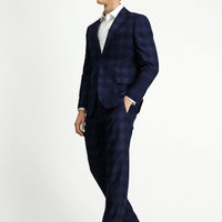Koyu Lacivert Slim Fit Dar Kesim Ekose Klasik Takım Elbise