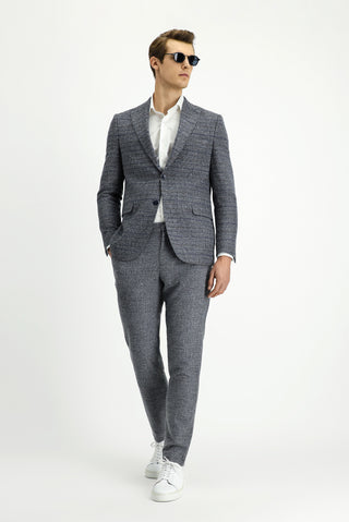  Orta Füme Regular Fit Beli Lastikli Ekose Yünlü Kombinli Takım Elbise