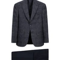 Koyu Lacivert Regular Fit Beli Lastikli Ekose Yünlü Kombinli Takım Elbise