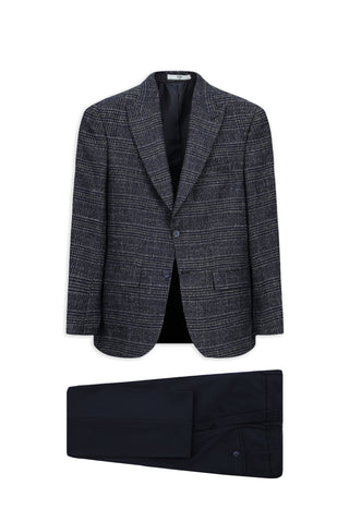  Koyu Lacivert Regular Fit Beli Lastikli Ekose Yünlü Kombinli Takım Elbise