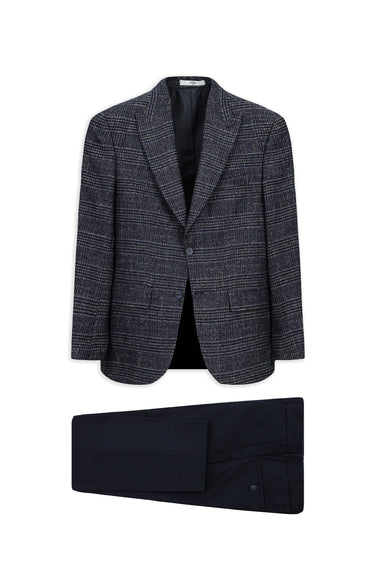  Koyu Lacivert Regular Fit Beli Lastikli Ekose Yünlü Kombinli Takım Elbise