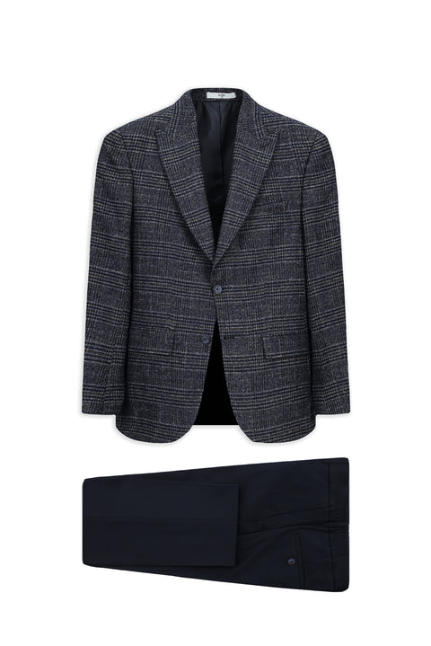 Koyu Lacivert 6 Drop Regular Fit Standart Kesim Beli Lastikli Ekose Yünlü Kombinli Takım Elbise