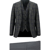 Koyu Füme Slim Fit Dar Kesim Yünlü Kombinli Yelekli Takım Elbise